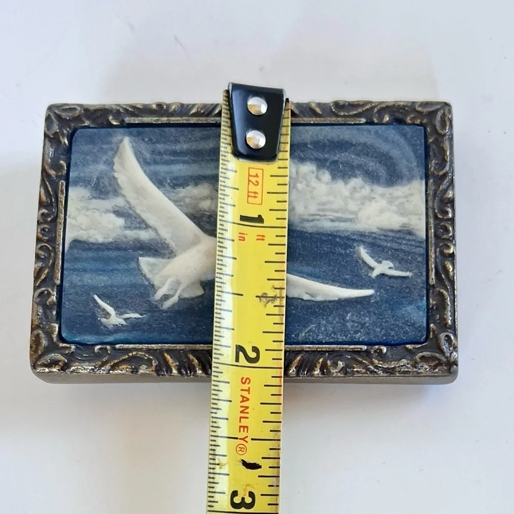 Vintage Incolay Belt Buckle Carved Stone Birds Sky Blue Coastal 1970s Brass